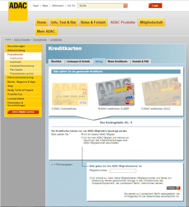 ADAC mobilKarte Kreditkarte Antrag