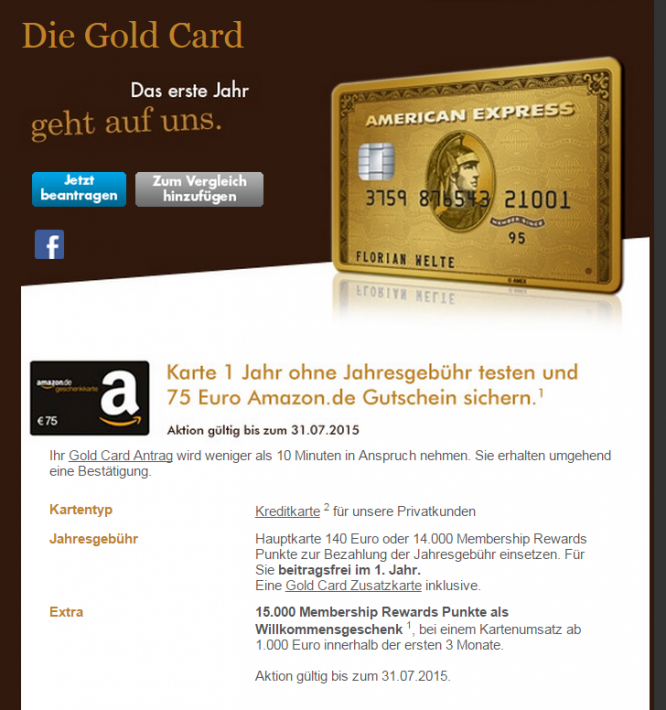 Das Angebot der American Express Gold Card