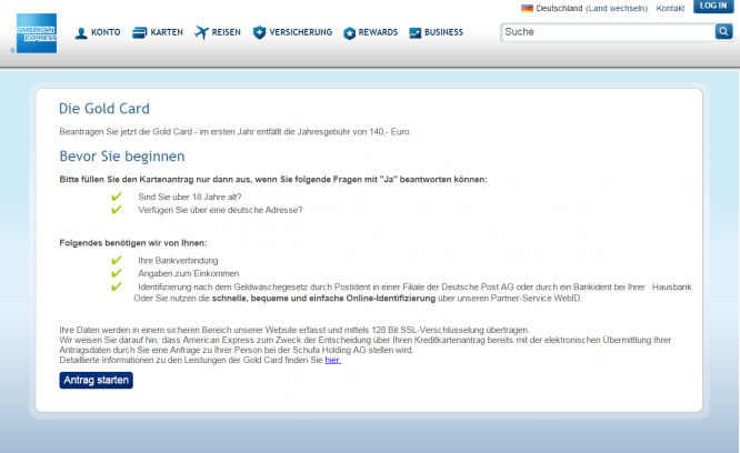 Das Antragsformular von American Express