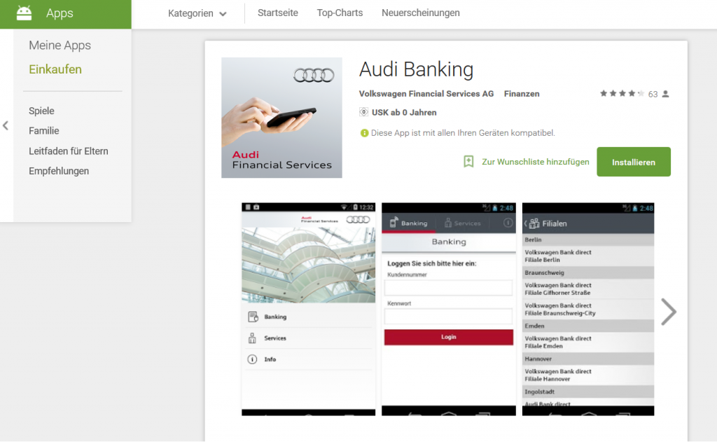 Die App des Audi Bank Girokonto im Play Store