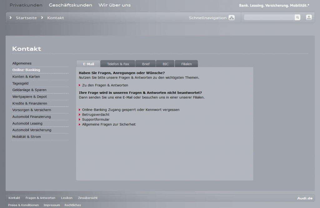 Audi Bank Girokonto Support ist unter anderem per E-Mail erreichbar