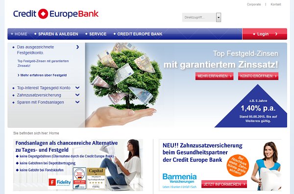 Die Webpräsenz der Credit Europe Bank