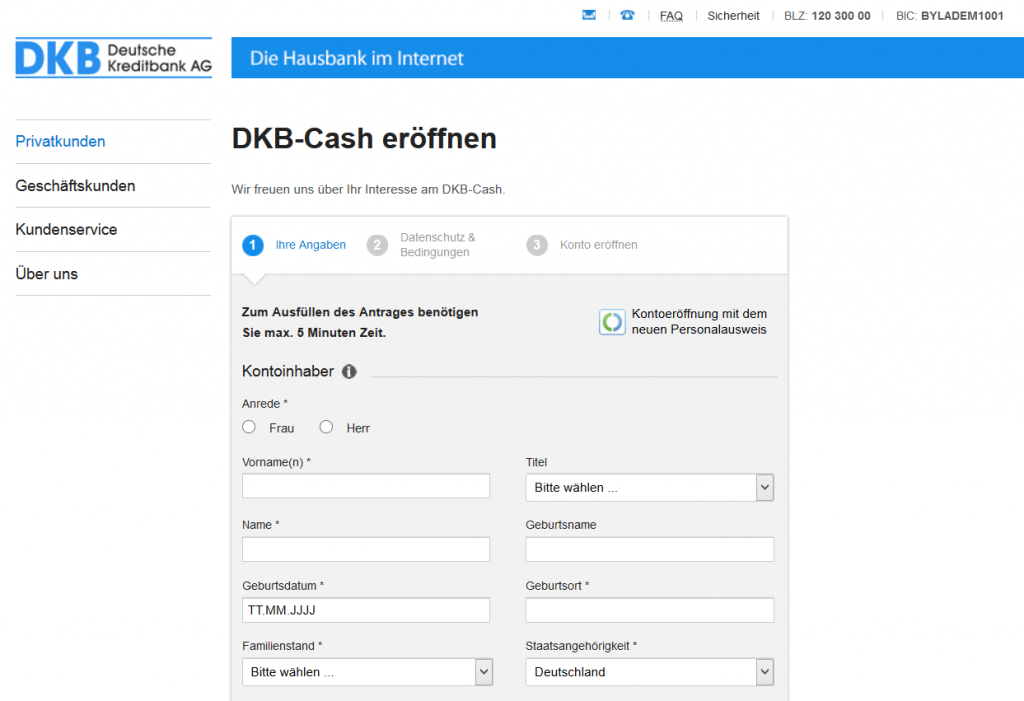 Das Online-Formular für die Kontoeröffnung