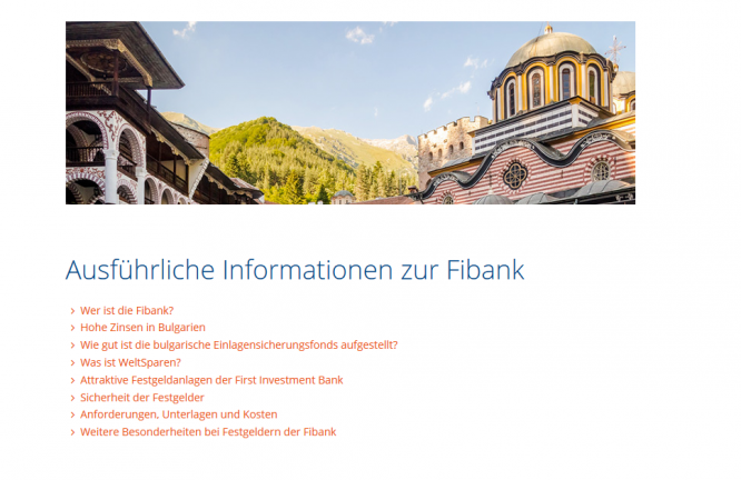 Auf der Website von Weltsparen finden Kunden Informationen zur Fibank