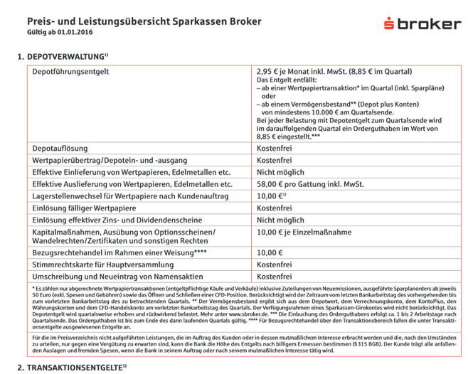 sBroker Preis- und Leistungsverzeichnis für den Depotwechsel
