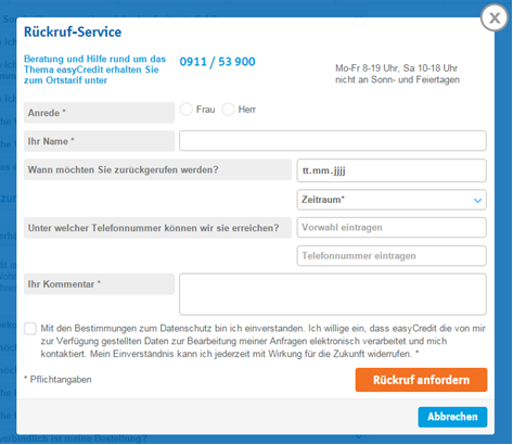 Das Formular für den Rückruf-Service bei easyCredit