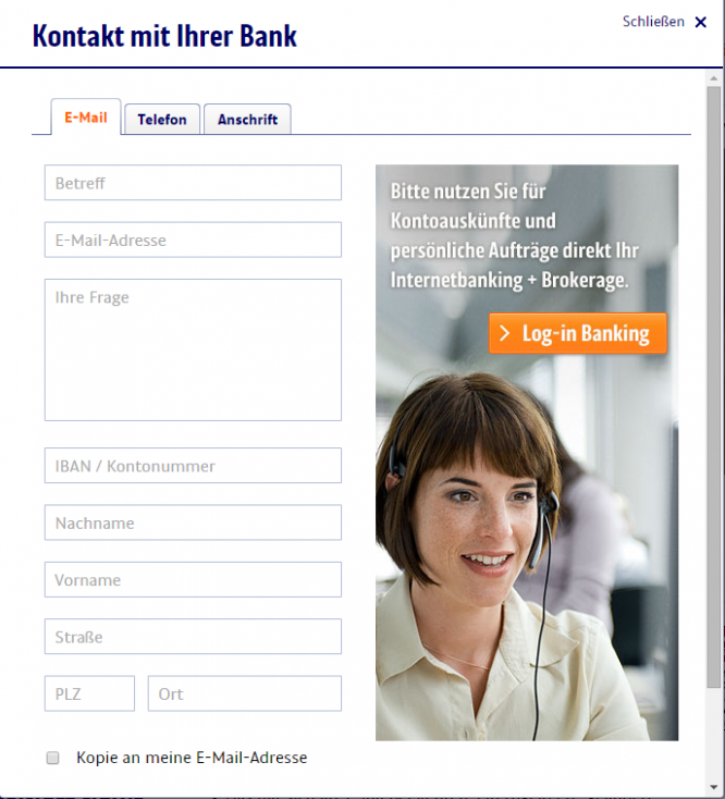 Das Email-Kontaktformular der ING DiBa