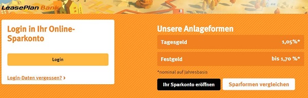 Login zum LeasePlan Bank Sparkonto 