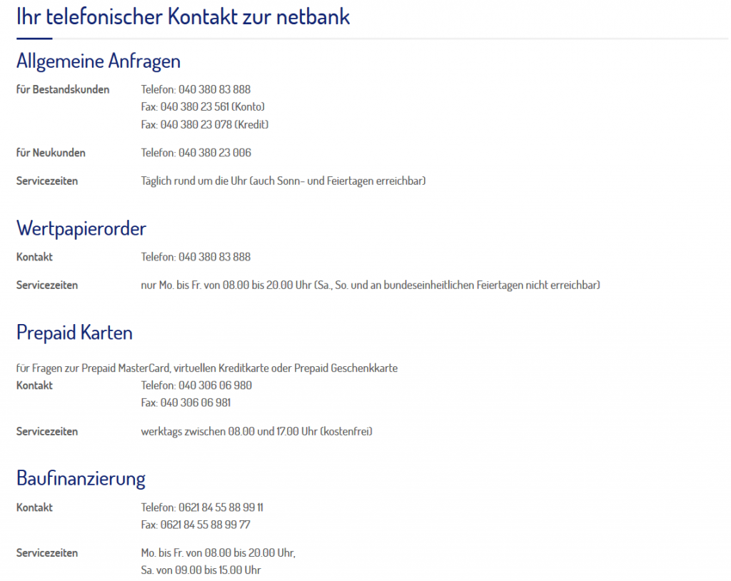 Kontakt bei der Netbank im Überblick