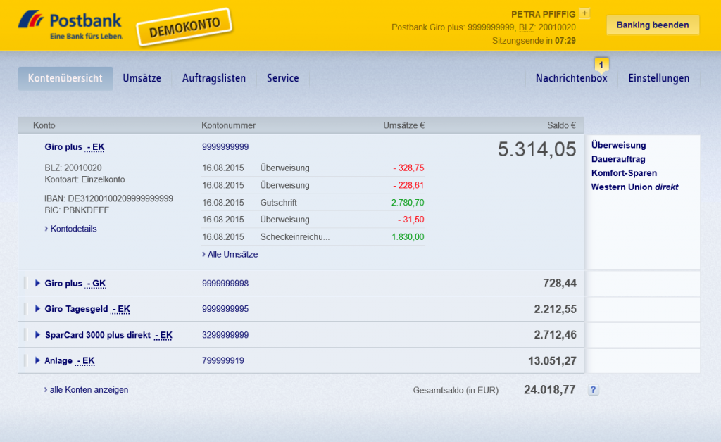 Online-Banking im Demokonto der Postbank