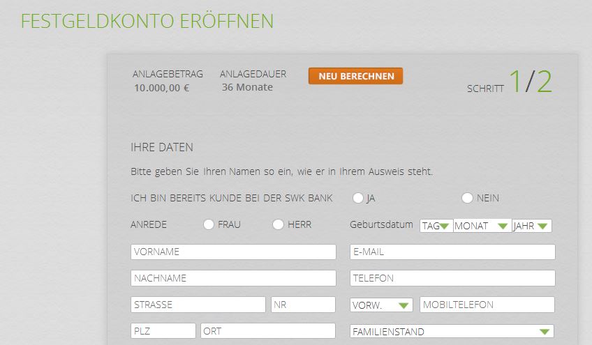 Anmeldeformular Festgeldkonto SWK Bank