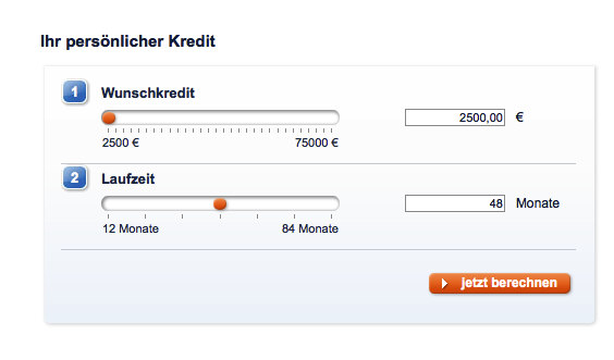 Kreditwünsche sind ab 2.500€ möglich (Kreditrechner der Sparda-Bank)