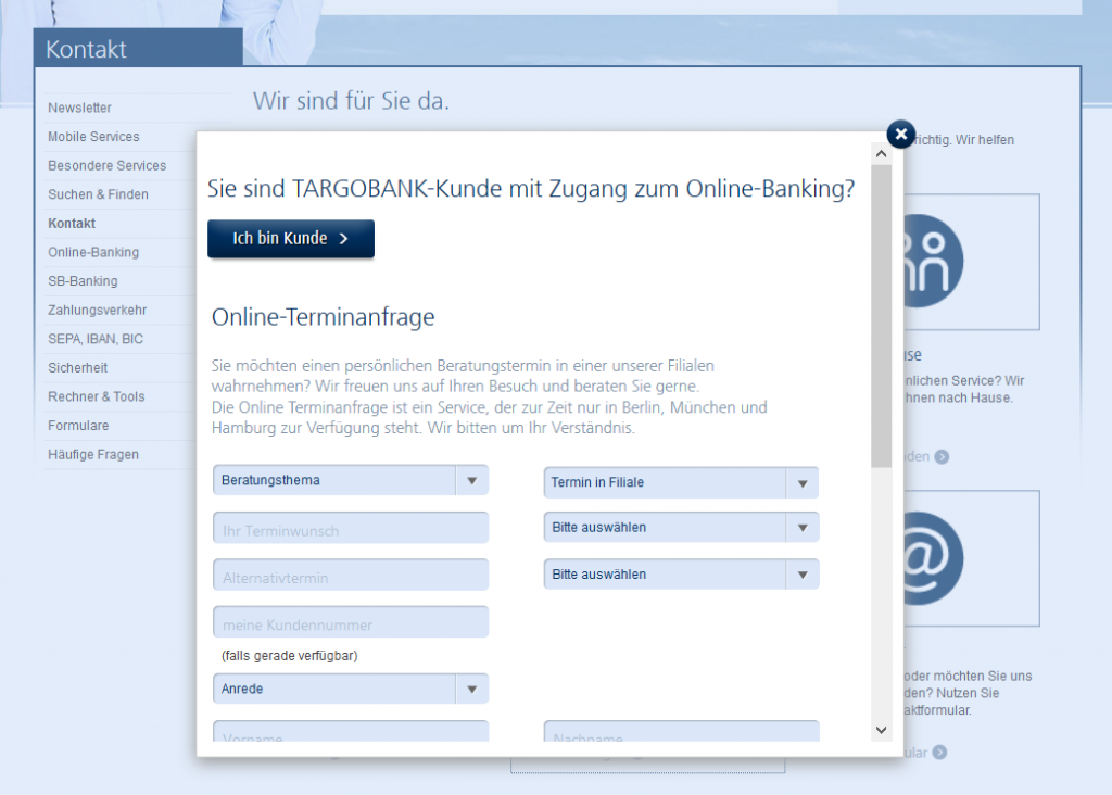 Die Online-Terminabfrage der Targobank