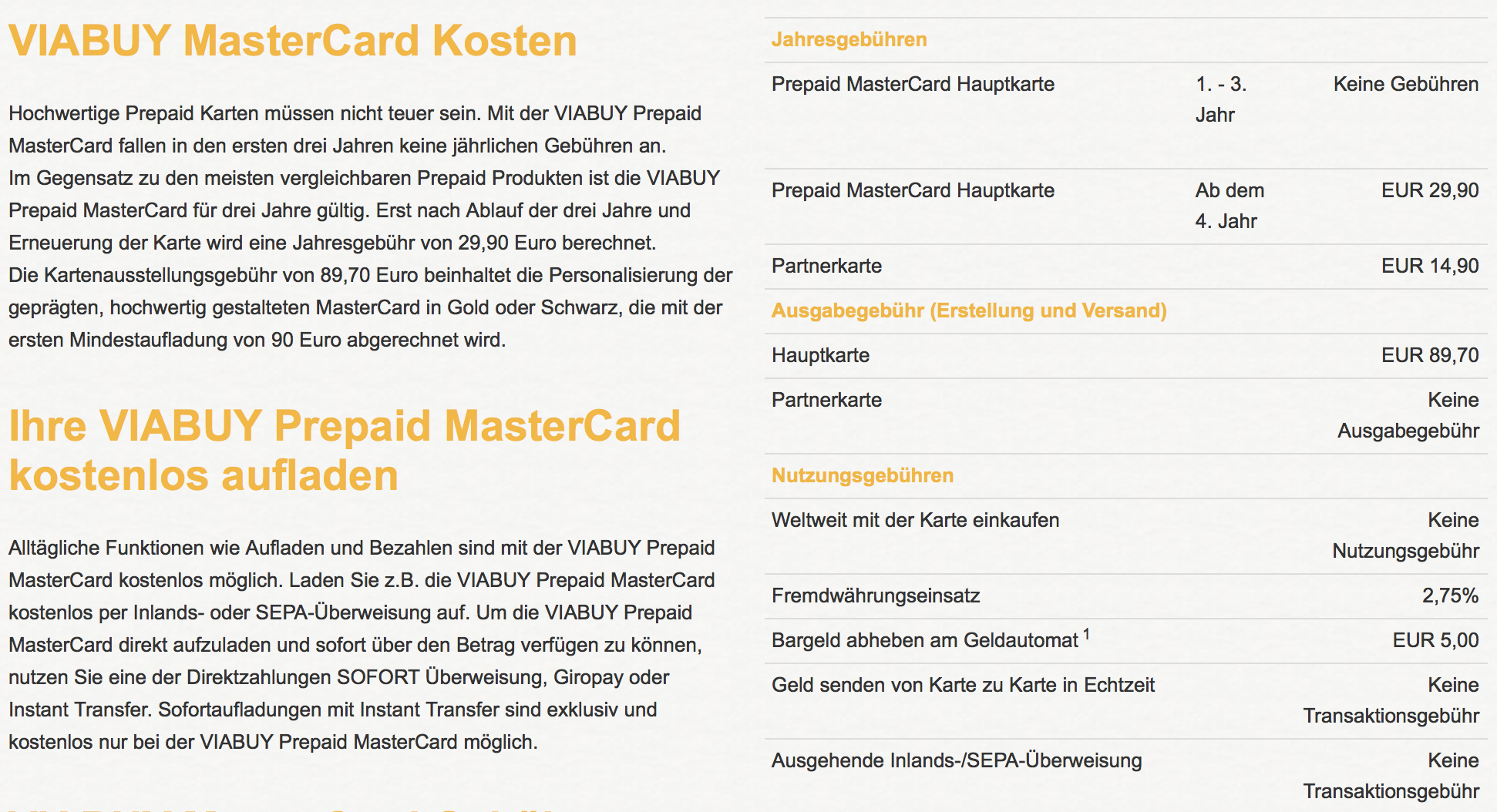 Alle Kosten für die VIABUY MasterCard im Überblick