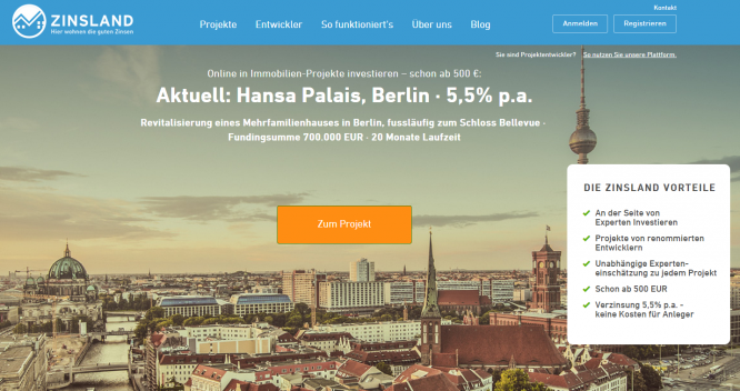 Die Homepage von Zinsland - Crowdfunding Vergleich
