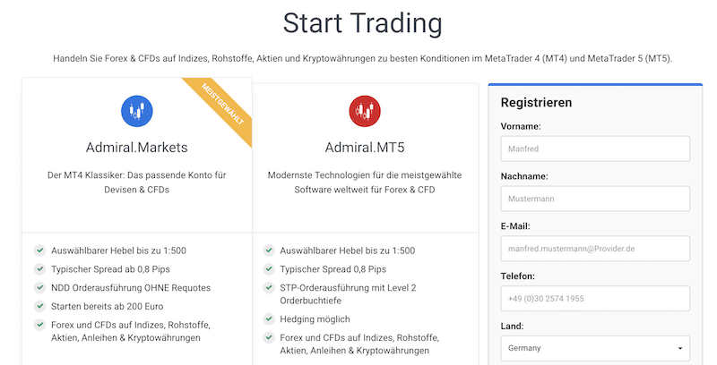 Admiral Markets Kontoauswahl