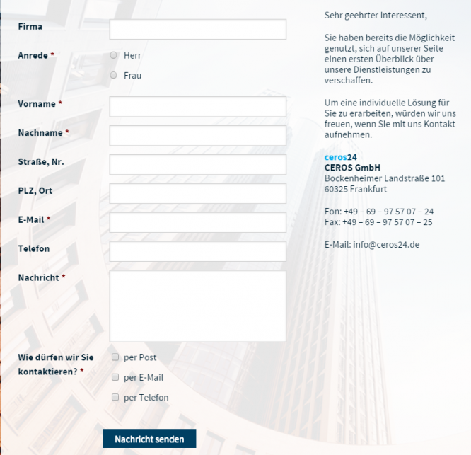 Das Rückrufservice-Formular von ceros24