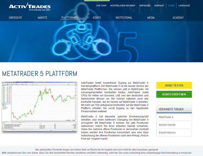 Die MetaTrader5 Plattform bei ActivTrades