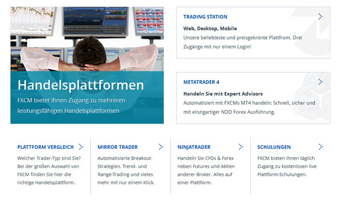 Bei FXCM bekommt man Zugang zu mehreren leistungsfähigen Handelsplattformen wie bspw. dem MetaTrader4