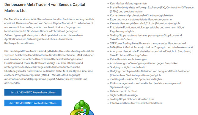 Bei Sensus Capital Markets mit dem MetaTrader4 handeln