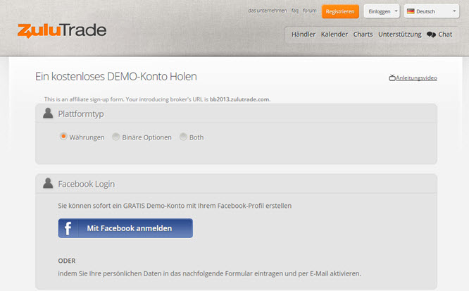 ZuluTrade über Facebook Account anmelden
