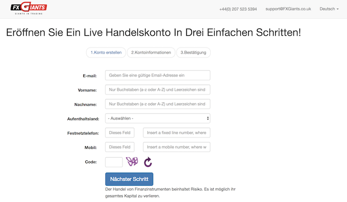FXGiants Erfahrungen Kontoeröffnung