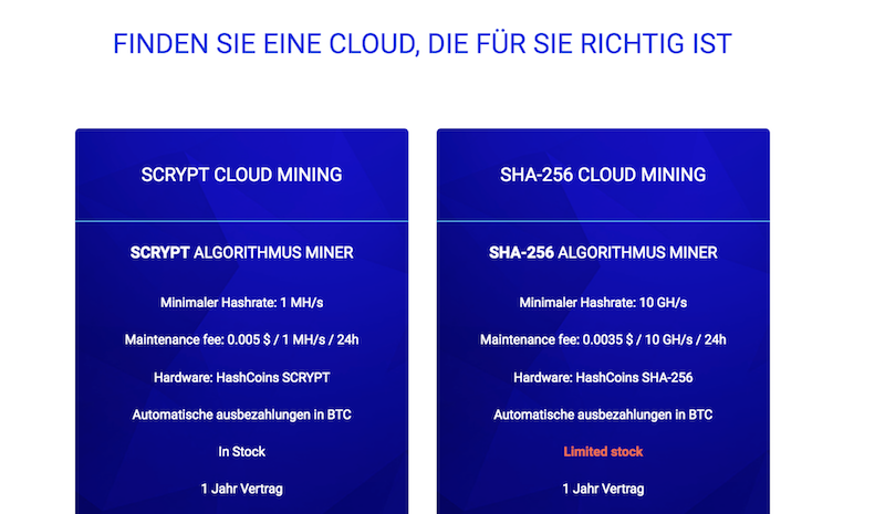 HashFlare Cloud-Mining Pläne