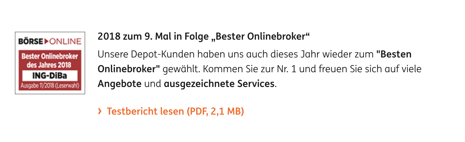2018 erhielt die ING-DiBa zum 9. Mal in Folge die Auszeichnung für den "besten Onlinebroker"