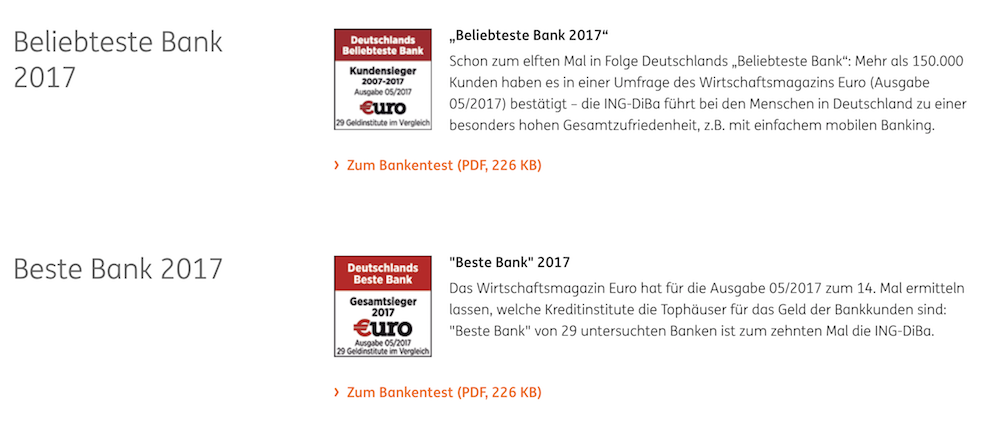 ING-DiBa Auszeichnungen