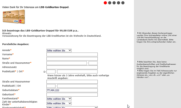 Online-Kreditkarten-Antrag auf lbb.de