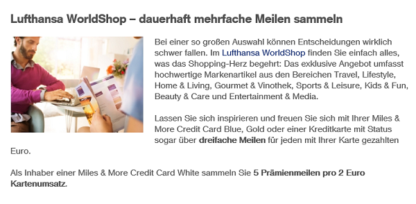 Bonusoption Lufthansa-World-Shop auf miles-and-more-kreditkarten.com