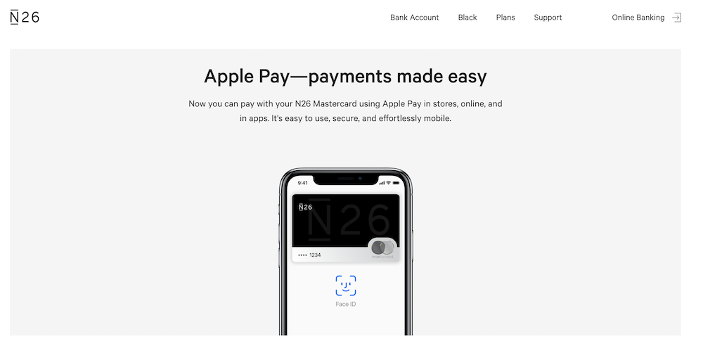 Die N26 Bank bietet ebenfalls Apple Pay als Zahlungsmethode an