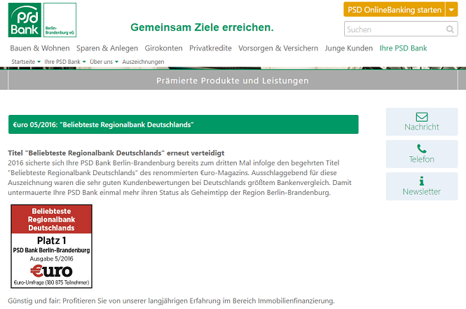 PSD Bank Berlin-Brandenburg Auszeichnungen