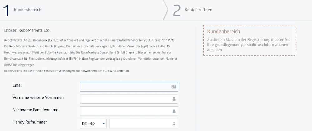 RoboMarkets Kontoeröffnung