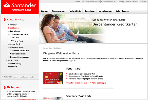 Kreditkartenübersicht auf santander.de