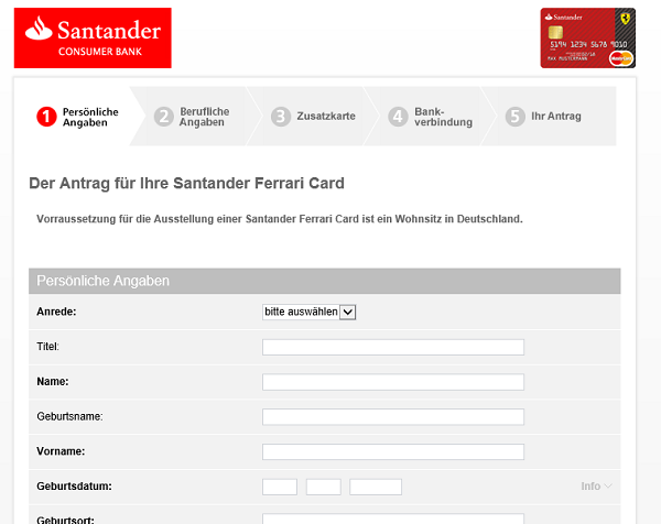 Onlineantrag Ferrari Card auf santander.de